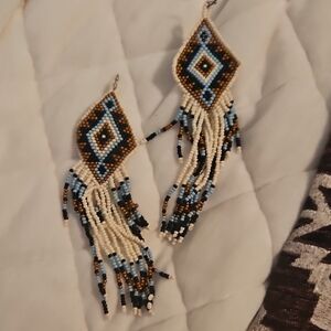 Beaded Fringe Earrings in Blue and Brown